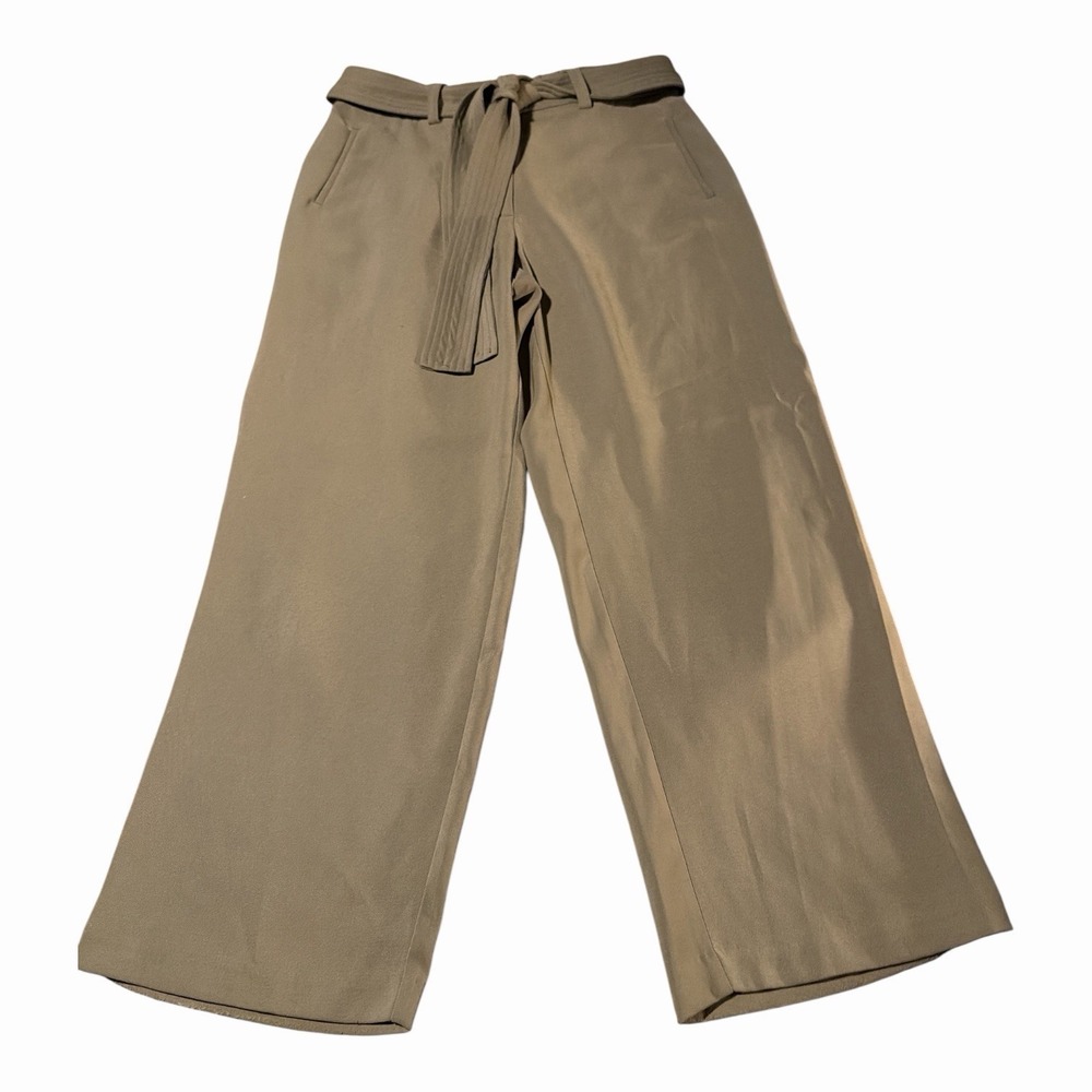 Quince Pants Womens 12 Olive Green Crepe Wide Leg Belted Crop Career
